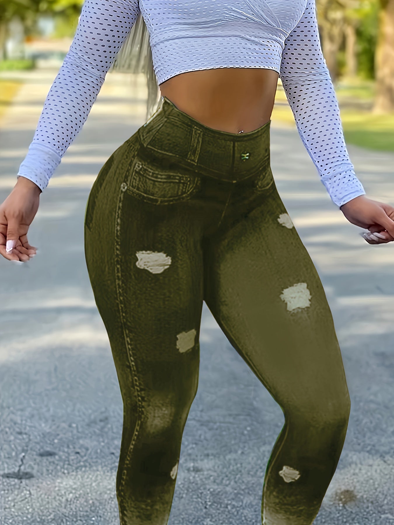Women’s High-Waist Faux Denim Leggings – Butt-Lifting Activewear.