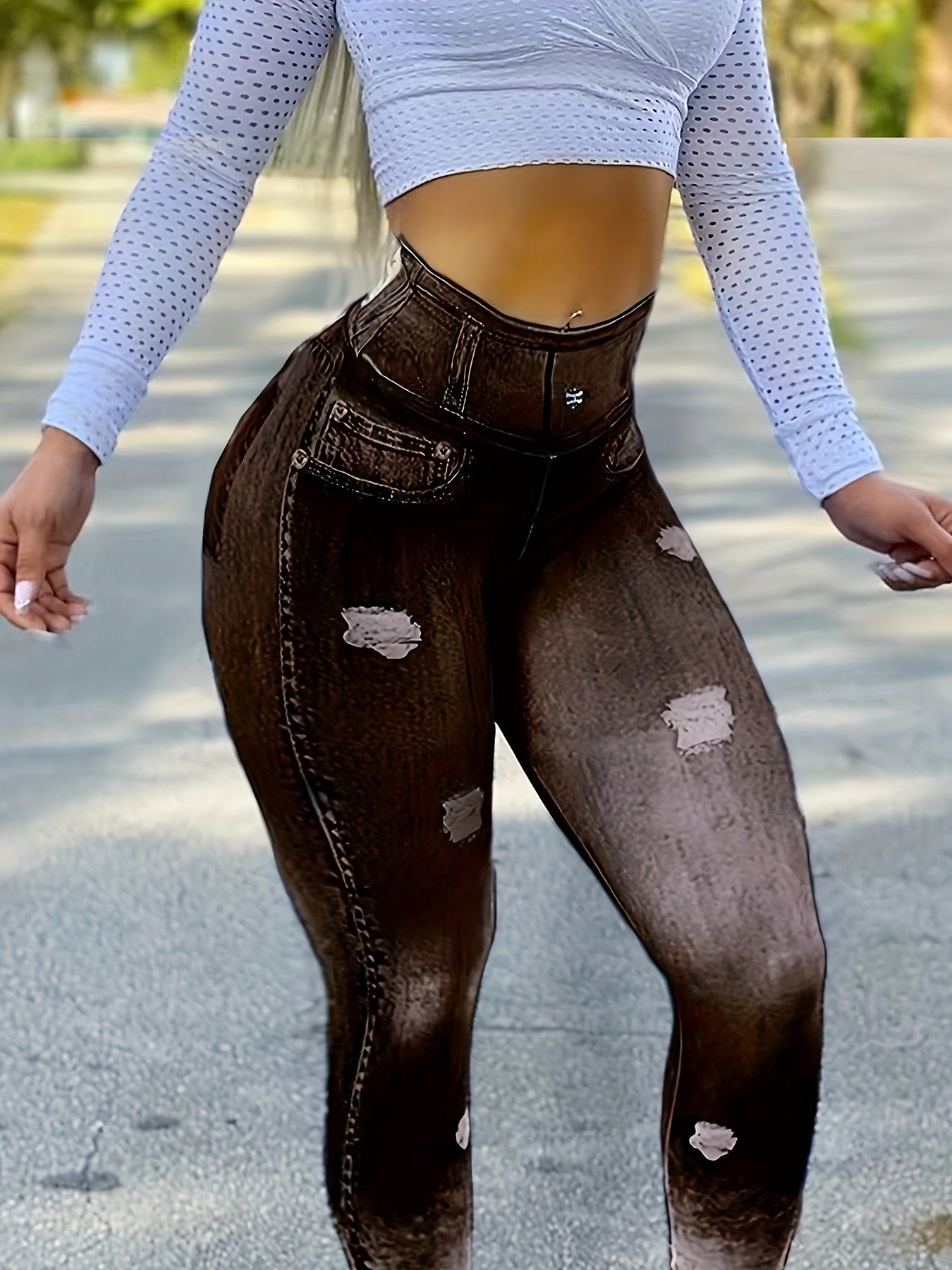 Women’s High-Waist Faux Denim Leggings – Butt-Lifting Activewear.