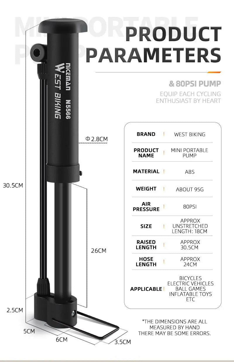 WEST BIKING MTB Bicycle Pump – 80 PSI Manual Floor Pump.