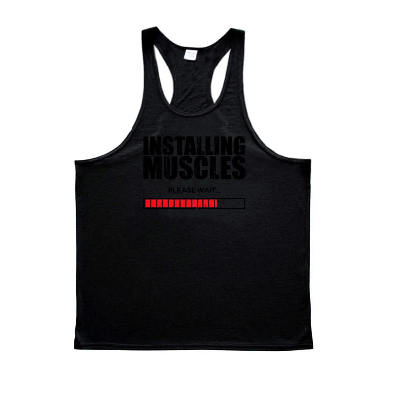 Men’s Y-Back Gym Tank Top – “Installing Muscles” Cotton Singlet.