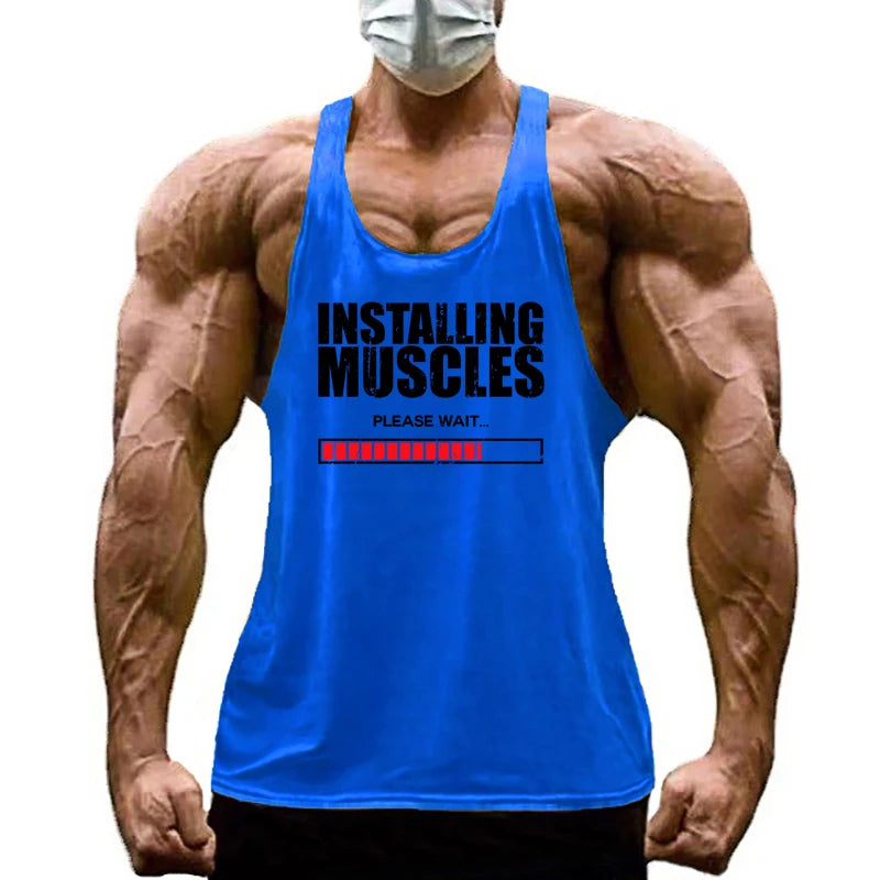 Men’s Y-Back Gym Tank Top – “Installing Muscles” Cotton Singlet.