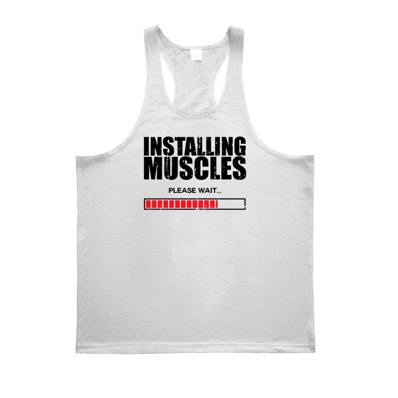 Men’s Y-Back Gym Tank Top – “Installing Muscles” Cotton Singlet.