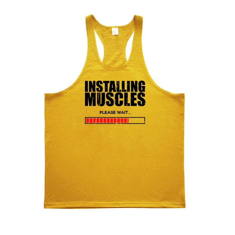 Men’s Y-Back Gym Tank Top – “Installing Muscles” Cotton Singlet.