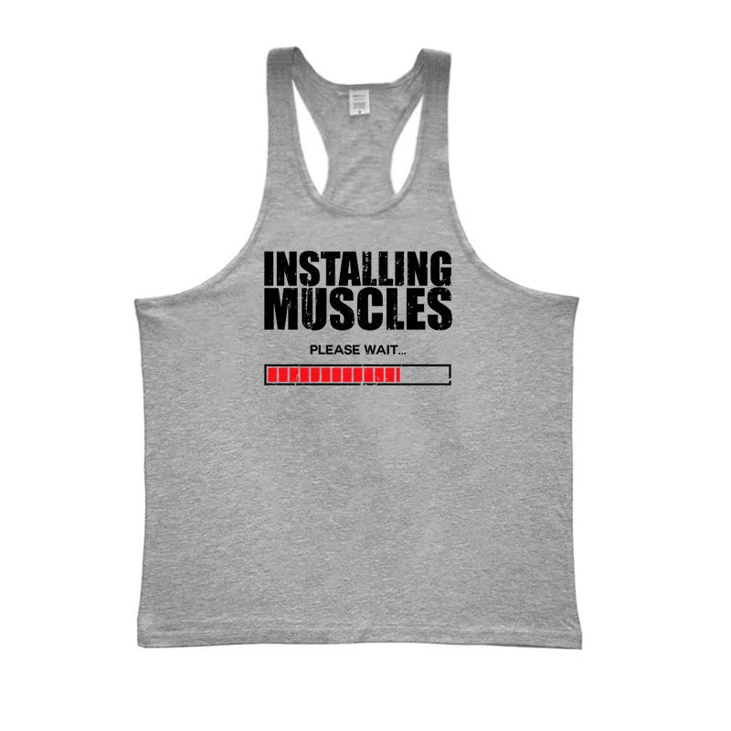 Men’s Y-Back Gym Tank Top – “Installing Muscles” Cotton Singlet.