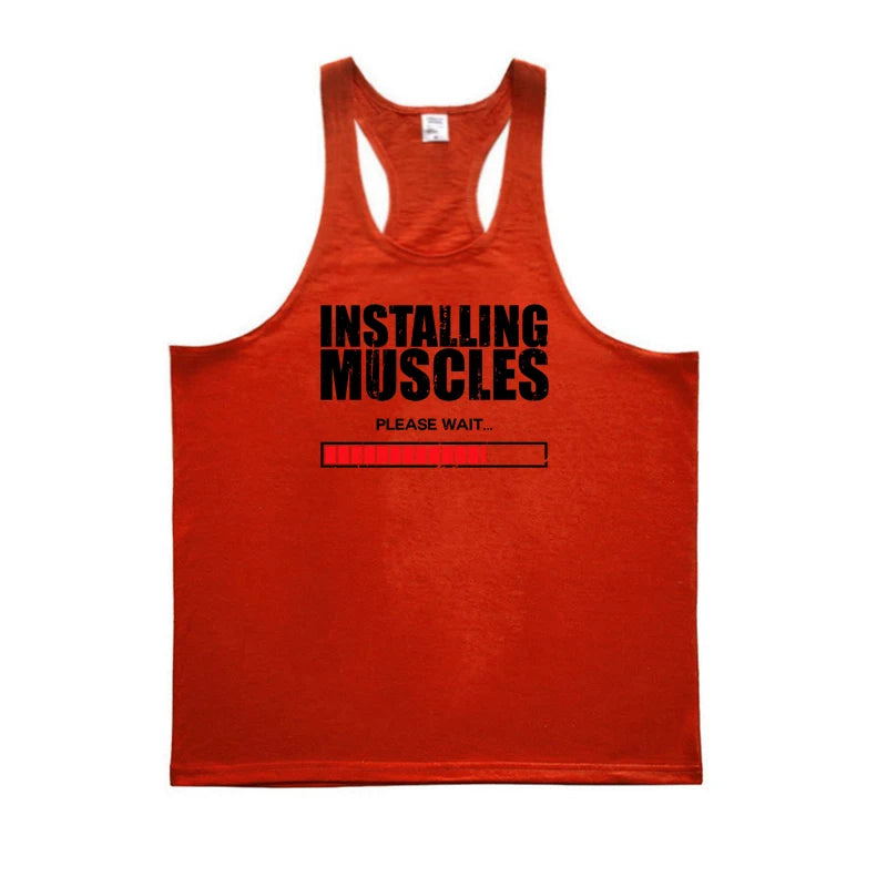 Men’s Y-Back Gym Tank Top – “Installing Muscles” Cotton Singlet.
