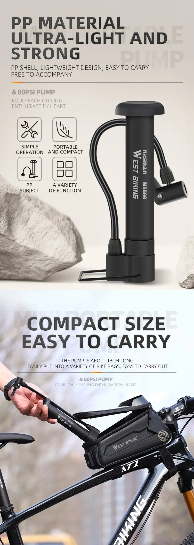 WEST BIKING MTB Bicycle Pump – 80 PSI Manual Floor Pump.