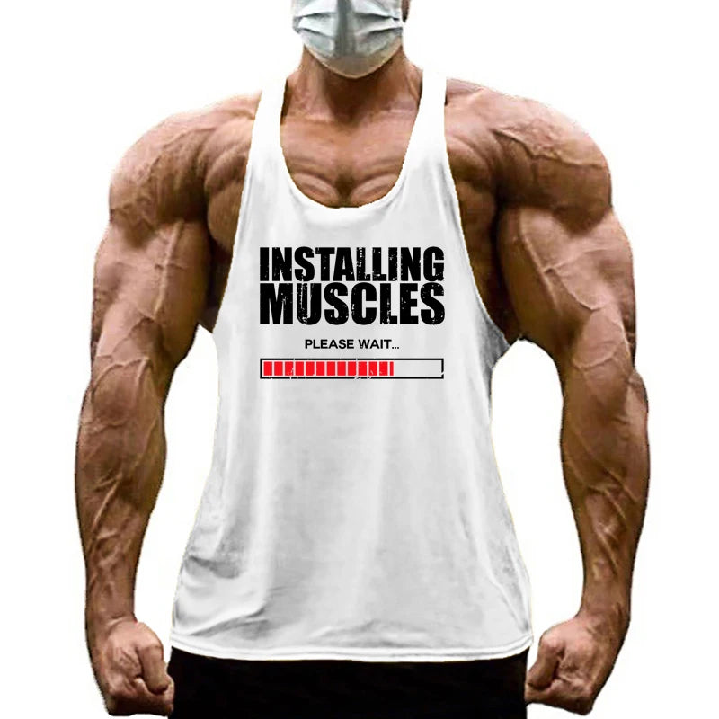 Men’s Y-Back Gym Tank Top – “Installing Muscles” Cotton Singlet.
