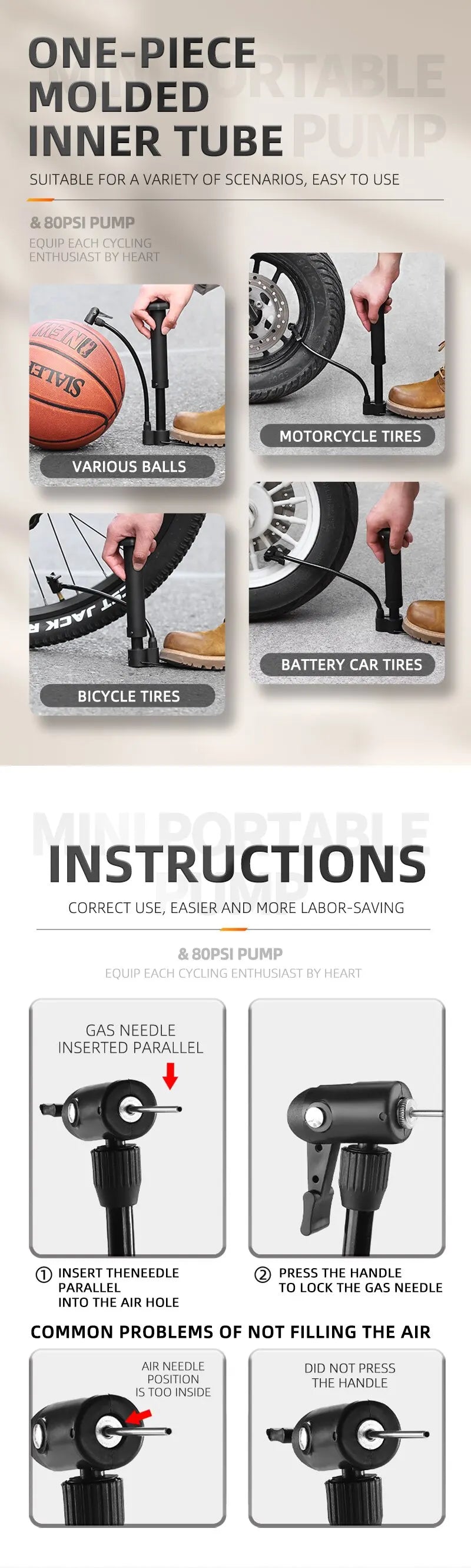 WEST BIKING MTB Bicycle Pump – 80 PSI Manual Floor Pump.