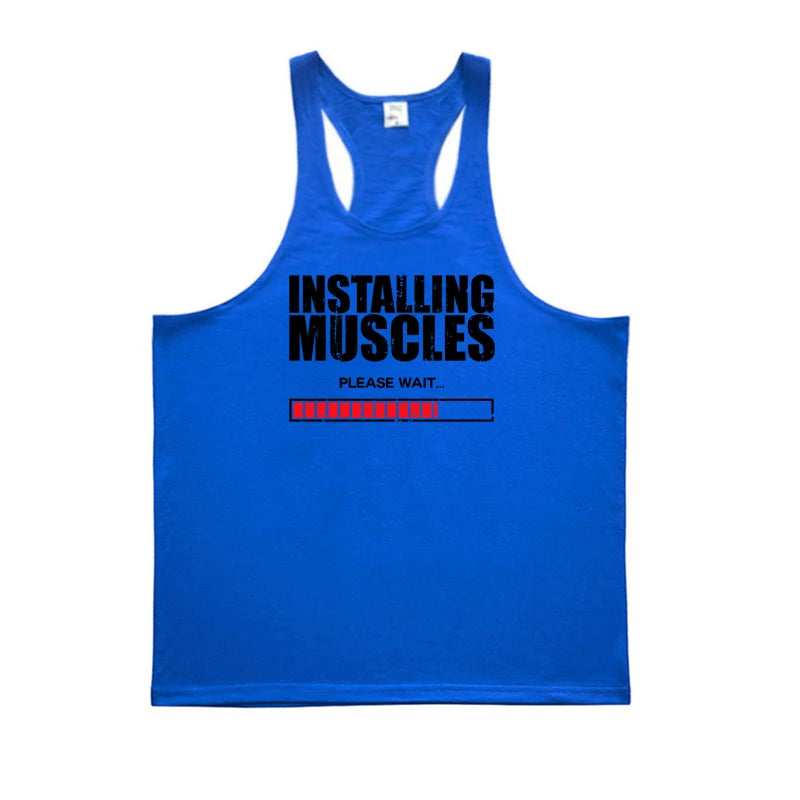 Men’s Y-Back Gym Tank Top – “Installing Muscles” Cotton Singlet.