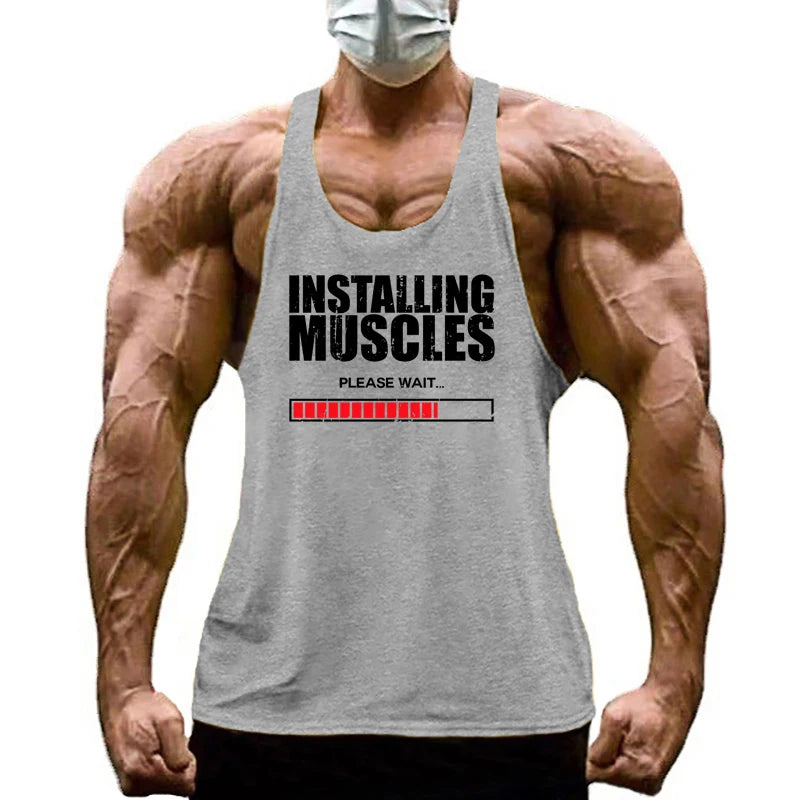 Men’s Y-Back Gym Tank Top – “Installing Muscles” Cotton Singlet.