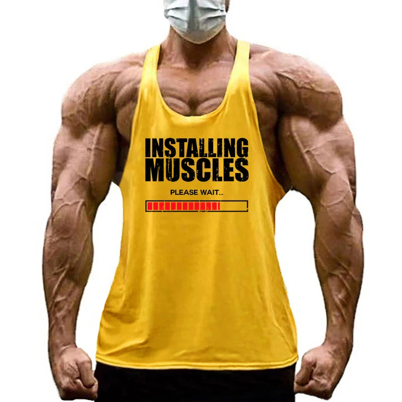 Men’s Y-Back Gym Tank Top – “Installing Muscles” Cotton Singlet.