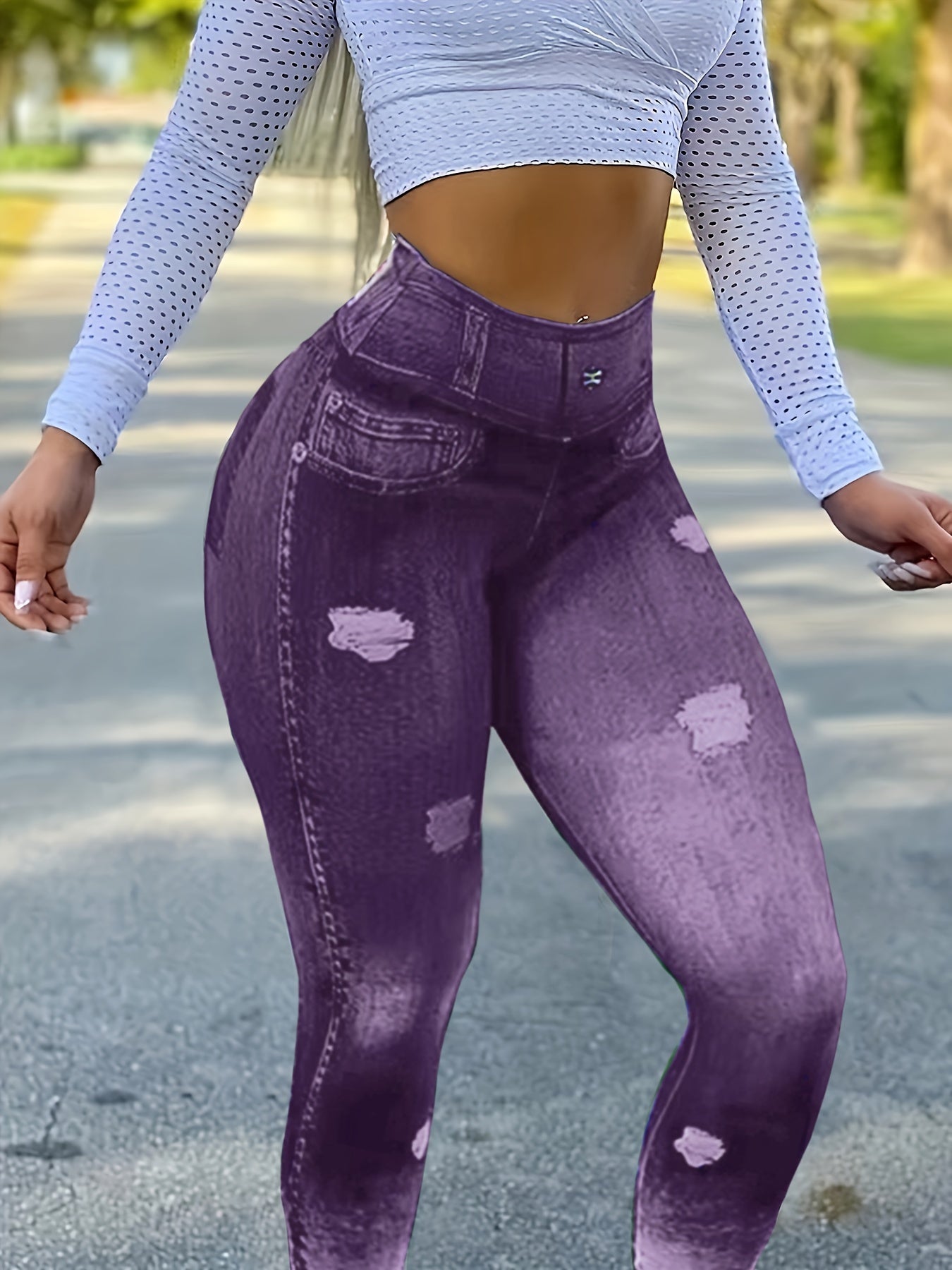 Women’s High-Waist Faux Denim Leggings – Butt-Lifting Activewear.